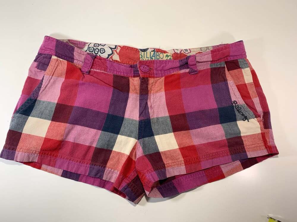 Billabong purple pink plaid madras mini short shorts daisy dukes womens sz 5